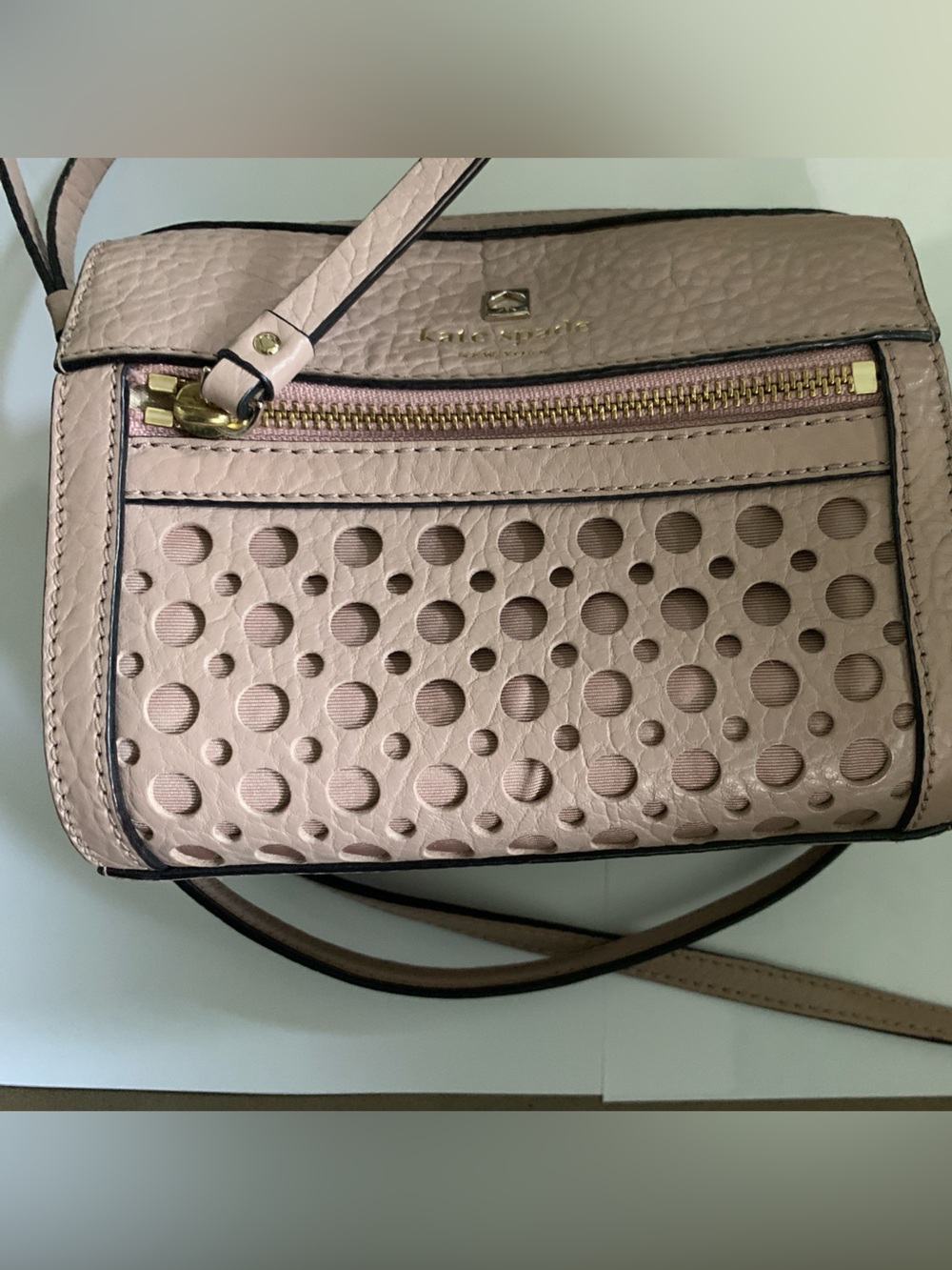 Kate Spade Light BeigePerforated Leather Crossbody with Gold Hardware
